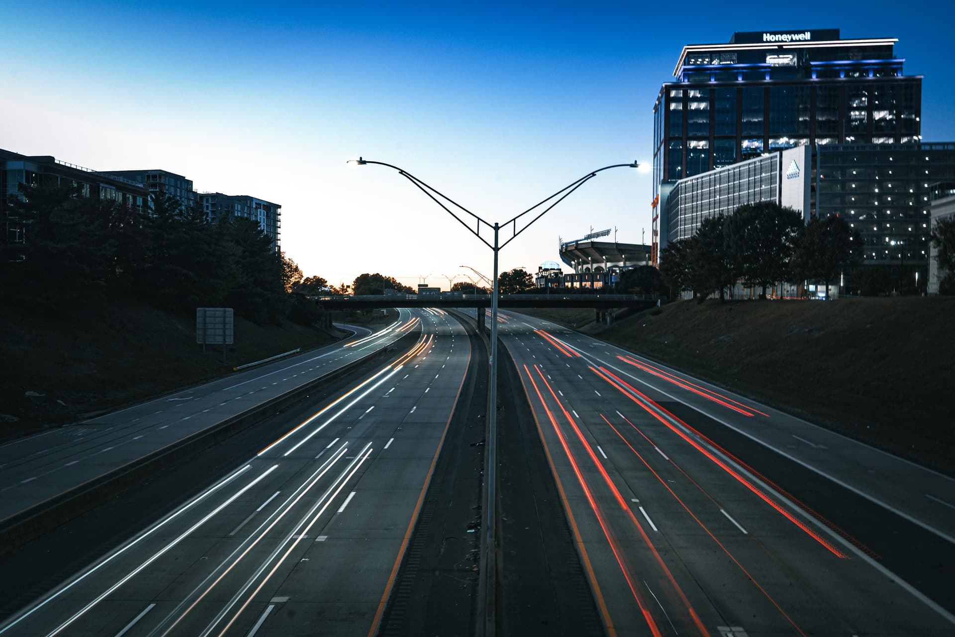 Triangle area highway light trails at dusk