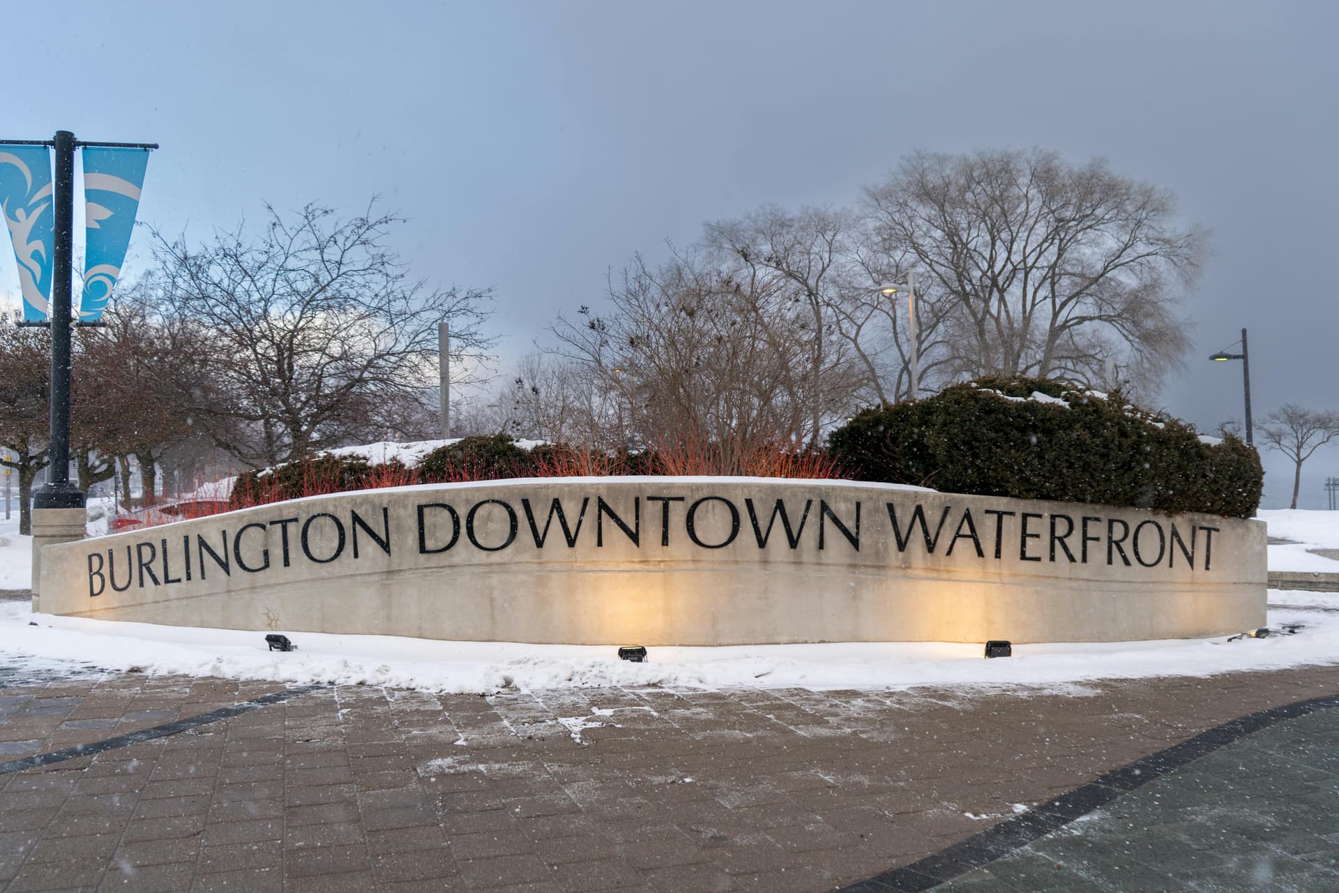 Burlington Downtown Waterfront sign in winter